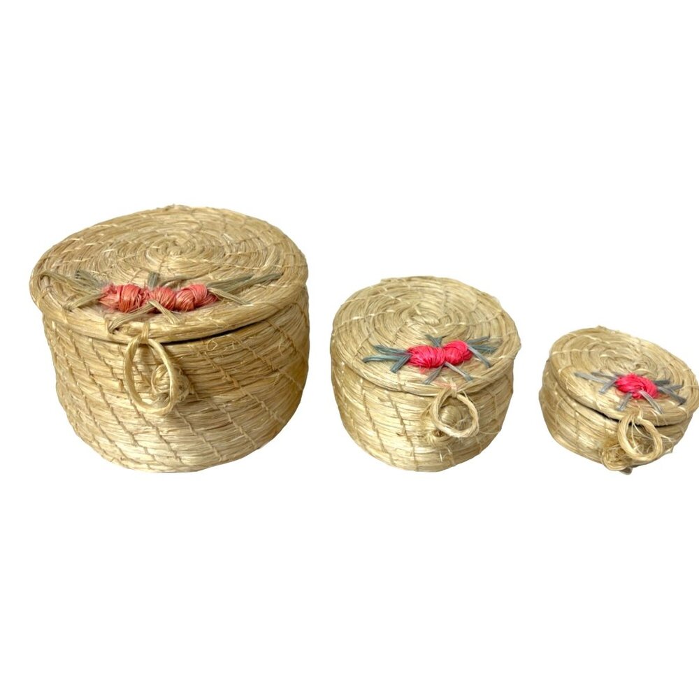 3 Miniature Straw Nesting Baskets Floral Vintage